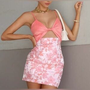 Coral Pink Floral Mini Dress with Twist Front